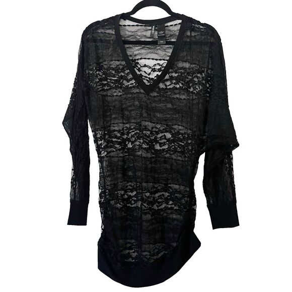 Y2K BISOU BISOU GOTHIC BLACK FLORAL LACE TUNIC BLOUSE TOP STRETCH L - Picture 1 of 7